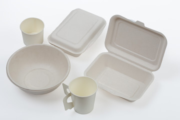 Set of unbleached plant fiber food box with clipping path