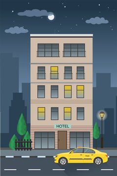 Vector hotel building and taxi service. Nighttime. illustration in flat design. © irina