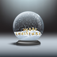 MERRY CHRISTMAS letters inside black snow globe. Vector Christmas and New Year design element. Snow globe with Merry Christmas signs. 
