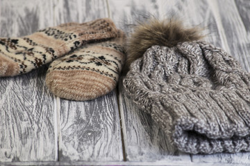 trendy hat on a wooden background