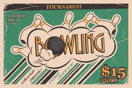 Bowling tournament invitation vintage poster. Bowling strike in retro bowling tournament poster design concept. Vector illustration.