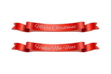 Merry Christmas and Happy New Year red holiday ribbons. Vector isolated Christmas and New Year design elements.