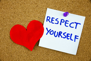 The phrase Respect Yourself in red text on a lined index card pinned to a cork notice board as...