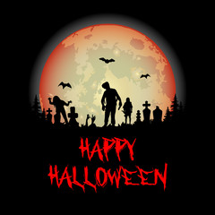 Halloween party. Pumpkin,  trees, bats and full moon. Halloween poster. Vector illustration.