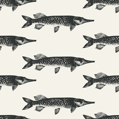 Pike seamless pattern. Hand drawn retro vector illustration. Fish silhouette