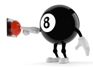 Fototapeta na wymiar Eight ball character pushing button