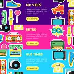 Cartoon Eighties Style Symbol Banner Horizontal Set. Vector