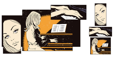 Collage on theme music.Girl at the piano. Stock illustration.