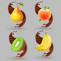 Fruit and Chocolate splash Realistic vector kiwi, peach, banana, pear.