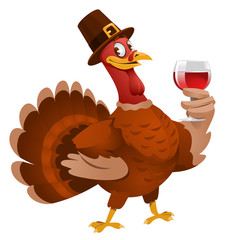 Thanksgiving Day. Turkey in a hat giving a toast. Cartoon styled vector illustration. Elements is grouped. No transparent objects. Isolated on white.