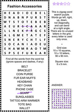 Fashion accessories themed zigzag word search puzzle (suitable both for kids and adults). Answer included.
