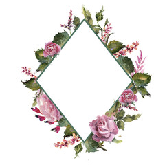 Romantic watercolor rose flowers wreath frame