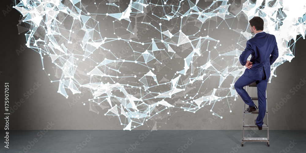 Poster businessman using connection network on a wall 3d rendering