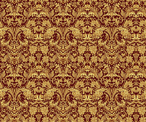 Seamless background of gold on vinous color in the style of Damascus. Vintage ornament. Use for wallpaper, printing on the packaging paper, textiles.