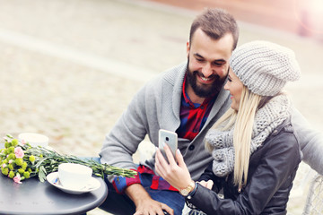 Picture showing happy young couple dating in the city