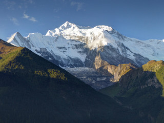 Fototapeta premium Morning in Upper Pisang Morning, view of Annapurna 2, snow capped Himalayas in morning, Annapurna Circuit trek 