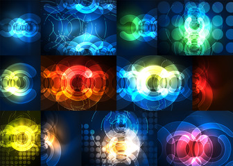 Round glowing elements on dark space, abstract background set