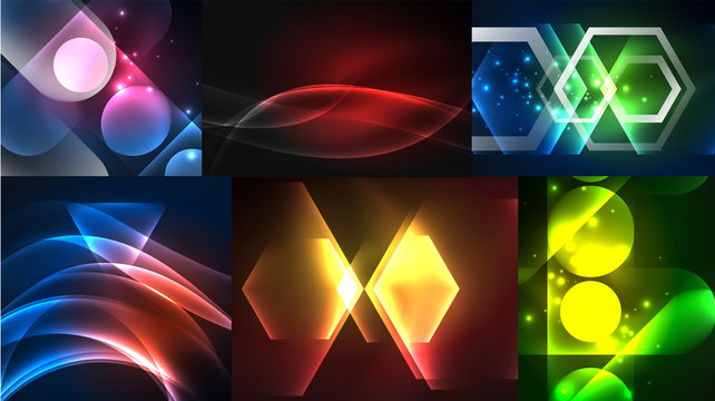 Set of dark abstract backgrounds with glowing geometric shapes