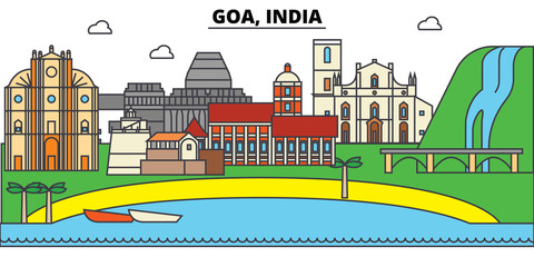 Goa, India, Hinduism. City skyline, architecture, buildings, streets, silhouette, landscape, panorama, landmarks. Editable strokes. Flat design line vector illustration concept. Isolated icons - obrazy, fototapety, plakaty