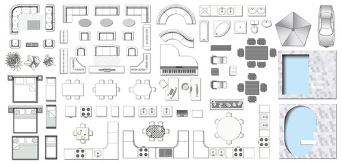 Set top view for interior icon design. Elements for living room, bedroom, kitchen, bathroom. Floor plan. Furniture store. Vector Illustration.