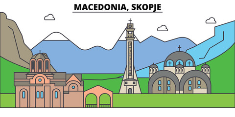Macedonia, Skopje, mountain. City skyline, architecture, buildings, streets, silhouette, landscape, panorama, landmarks. Editable strokes. Flat design line vector illustration concept. Isolated icons - obrazy, fototapety, plakaty