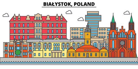 Poland, Bialystok. City skyline, architecture, buildings, streets, silhouette, landscape, panorama, landmarks. Editable strokes. Flat design line vector illustration concept. Isolated icons