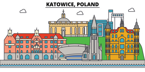 Poland, Katowice. City skyline, architecture, buildings, streets, silhouette, landscape, panorama, landmarks. Editable strokes. Flat design line vector illustration concept. Isolated icons