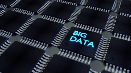 Glowing blue word big data on a cpu in a black chip network