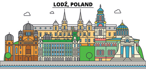 Poland, Lodz. City skyline, architecture, buildings, streets, silhouette, landscape, panorama, landmarks. Editable strokes. Flat design line vector illustration concept. Isolated icons - obrazy, fototapety, plakaty