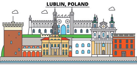 Poland, Lublin. City skyline, architecture, buildings, streets, silhouette, landscape, panorama, landmarks. Editable strokes. Flat design line vector illustration concept. Isolated icons - obrazy, fototapety, plakaty