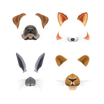 Animal face video chat or selfie photo filter template vector isolated icons