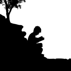 Vector silhouette of child sitting on a rock and read book on a white background.