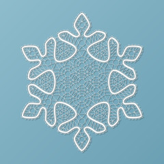 White lace snowflake, embossed pattern, decorative design element, winter decoration. Vector illustration