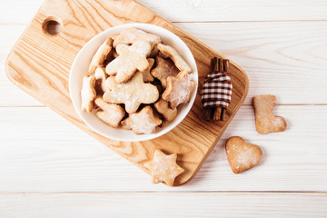 Christmas gingerbread,star shaped and fir branch.Holiday,new year,Christmas  concept.White background.Flat lay.