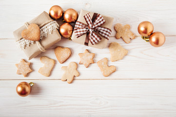 Christmas gingerbread,star shaped and fir branch.Holiday,new year,Christmas  concept.White background.Flat lay.