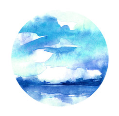 Watercolor blue background. Sky, water, reflection in water, horizon line, silhouette of trees. Country landscape. Abstract background, splash of paint. Watercolor round spot, logo