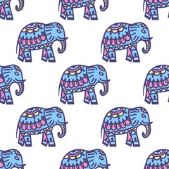 Seamless pattern with hand drawn elephants. Background for textile, baby shower, greeting card, wrapping. Oriental ornament.
