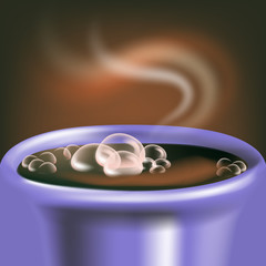 Beautiful, realistic hot coffee in lavender color porcelain cup (mug), bubbles (foam) and steam on warm brown chocolate color background. Vector illustration
