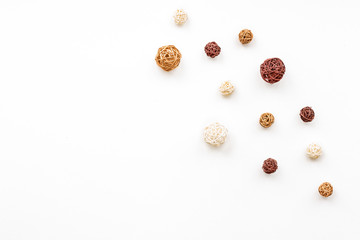 Christmas decorations on white background, flat lay, top view, copy space