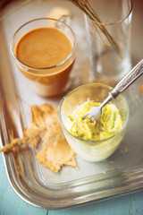 mug omelet in microwave.selective focus