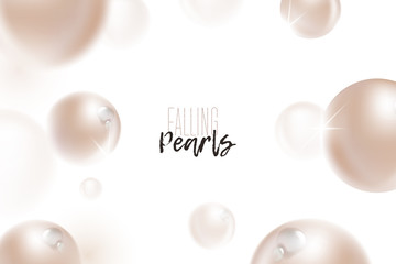 Flying (falling) beige, natural pearls with dew water drops, sparkles, shine, glow, reflection and blur effect on white background. Luxury jewelry pattern, beautiful pearls. Vector illustration