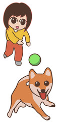 犬とボール遊びをする女性　柴犬