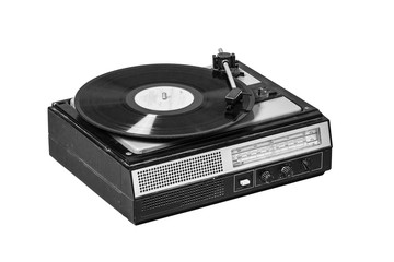 Vintage record player with radio tuner on white 