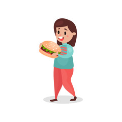 Young fat woman eating giant burger, harmful habit and addiction cartoon vector Illustration