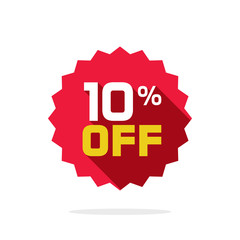 Sale tag vector badge template, 10 off sale label symbol, 10 percent discount promotion flat icon with long shadow, clearance sale sticker emblem, bargain red sign rosette design isolated on white