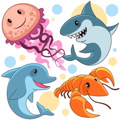 Мультяшный набор векторных картинок с морскими животными для детей. Изображение медузы, акулы, дельфина и рака.