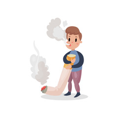 Young man smoking giant cigarette, harmful habit and addiction cartoon vector Illustration