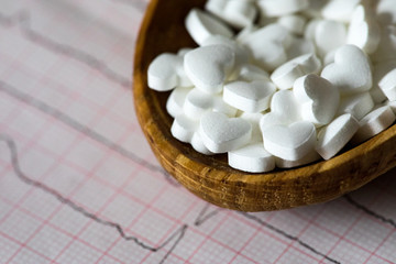 Cardiology. Macro of ECG graph and cardio pills. Pills as a heart