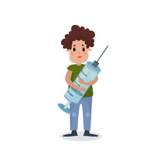 Young man holding giant syringe, harmful habit and addiction cartoon vector Illustration