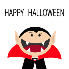Happy Halloween. Count Dracula head face wearing black and red cape. Cute cartoon vampire character with fangs. Big mouth. Greeting card. Flat design. White background. Isolated.